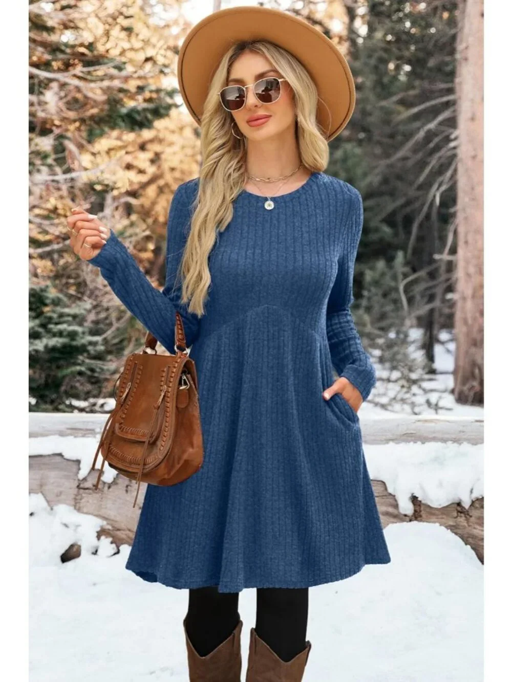 Women's Blue Long Sleeve Comfort Crew Neck Empire Waist Tunic Mini Dress - Picture 2 of 5